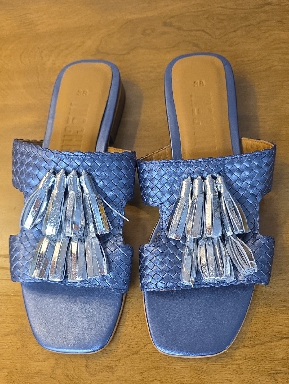 Women's Blue Woven Slide Slip On Sandals with Metallic Tassels Leather 38